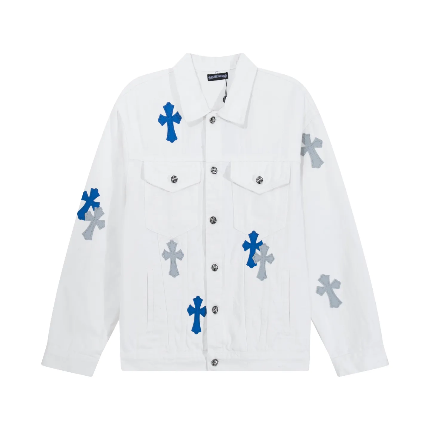 P310 Chrome Hearts Chrome Hearts leather cross-piece embroidered shirt denim jacket Color: black blue black Size: M L XL XXL XXXL